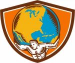 Atlas Carrying Globe Crest Woodcut Stock Photo