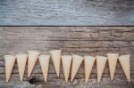 Flat Lay Ice Cream Cones Collection On Shabby Wooden Background Stock Photo