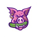Pink Pig Biting Pickle Mascot Stock Photo