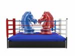 Red And Blue Chess Knight Confronting In Boxing Ring Stock Photo