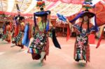 Ladakh, India-july 29, 2012 - Unidentified Buddhist Monks Dancing During A Festival At Dak Thok Monastery Stock Photo