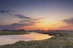 Spring Countryside Sunset Over The River Stock Photo