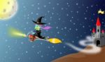 Witch Fly With Motor Broomstick  From Her Castle Stock Photo