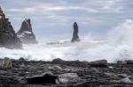 Stormy Weather At Reynisfjara Volcanic Beach Stock Photo