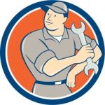Mechanic Hold Spanner Wrench Circle Cartoon Stock Photo