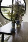 Beautiful Flower Vase Decorated On Wooden Table Stock Photo