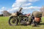 Old American Military Motorcycle Parked On Grass Stock Photo