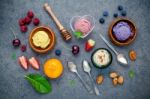 Flat Lay Ice Cream With Various Fruits Raspberry ,blueberry ,str Stock Photo