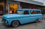 Old Vintage Blue Chevrolet Car At Night Market, Srinakarin Road Stock Photo