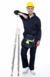 Young Architect Leaning Stepladder Stock Photo
