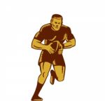 Rugby Player Running Ball Woodcut Stock Photo