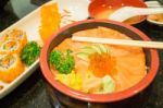Japanese Salmon Sashimi And Sushi Roll Stock Photo