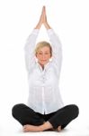 Manager Woman Doing Yoga At White Background Stock Photo