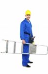 Young Worker Holding Stepladder Stock Photo