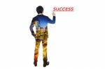Double Exposure Of City And Businessman With Pen, Business Success Concept Stock Photo