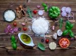Raw Dough With Ingredients For Homemade Pizza On Shabby Wooden B Stock Photo