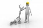 3d Man Standing With A Steel Wrench Stock Photo
