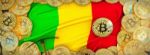 Bitcoins Gold Around Mali  Flag And Pickaxe On The Left.3d Illus Stock Photo