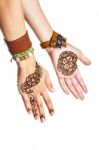 Mehendi Or Henna Tatoo On The Female Hands In Bracelets Isolated Stock Photo
