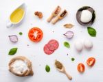 The Ingredients For Homemade Pizza With Ingredients Sweet Basil Stock Photo