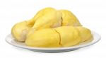 Durian With Plate Isolated On White Background Stock Photo