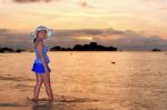 Visitors Woman Looking The Sunrise Over The Sea Stock Photo