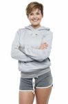 Attractive Lady Wearing Winter Sweater And Shorts Stock Photo
