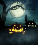 Halloween Pumpkin In The Forest At Night With Castle And The Moon Stock Photo
