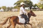 Woman Smiling With Relax Time On Small Horse Stock Photo