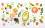 Food Pattern With Raw Ingredients Of Salad. Various Vegetables L Stock Photo