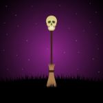 Halloween Witch Broomstick Graveyard Skull Background Stock Photo