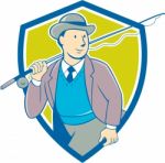 Vintage Fly Fisherman Bowler Hat Shield Cartoon Stock Photo