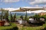 Pienza, Tuscany/italy - May 18 : View From A Restaurant In Pienz Stock Photo