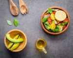The Bowl Of Healthy Vegan Salad . Various Vegetables Avocado, To Stock Photo
