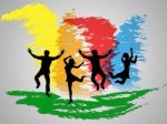 Colorful Jumping Indicates Friends Happiness And Positive Stock Photo