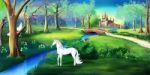 White Unicorn In A Magic Forest Near A Fairy Tale  Castle Stock Photo
