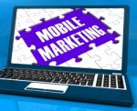Mobile Marketing On Laptop Shows Online Marketing Stock Photo