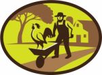Amish Farmer Rooster Wheelbarrow Farm Oval Retro Stock Photo