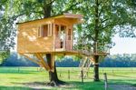 Wooden Tree House In Oak Tree And Meadow Stock Photo