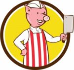 Butcher Pig Holding Meat Cleaver Circle Cartoon Stock Photo