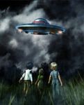 Kids Looking To A Ufo Saucer On The Sky At Night,3d Illustration Stock Photo