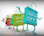 Fifty-percent Off Bags Show Sales, Bargains, And Discounts Stock Photo
