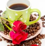 Rose And Coffee Shows Cup Decaf And Espresso Stock Photo