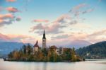 Picturesque Slovenia, Bled Lake And Town In The Evening Stock Photo