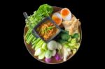 Chili Paste Mixed With Crabmeat , Vegetable , Fried Snake Skin Gourami  And   Boiled Egg  , Crab's Spawn Chili Sauce Stock Photo