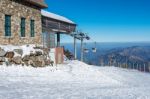 Ski Chair Lift Is Covered By Snow In Winter,deogyusan Mountains In South Korea Stock Photo
