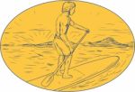 Dude Stand Up Paddle Board Oval Drawing Stock Photo