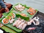 Seafood On Charcoal Grilled Stock Photo