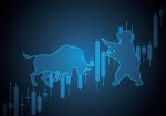 Bull And Bear Stock Market Candle Stick Graph Background Stock Photo