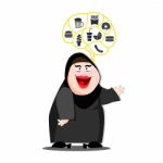 Fat Muslim Woman Happy With Think With Junk Food Icon Stock Photo